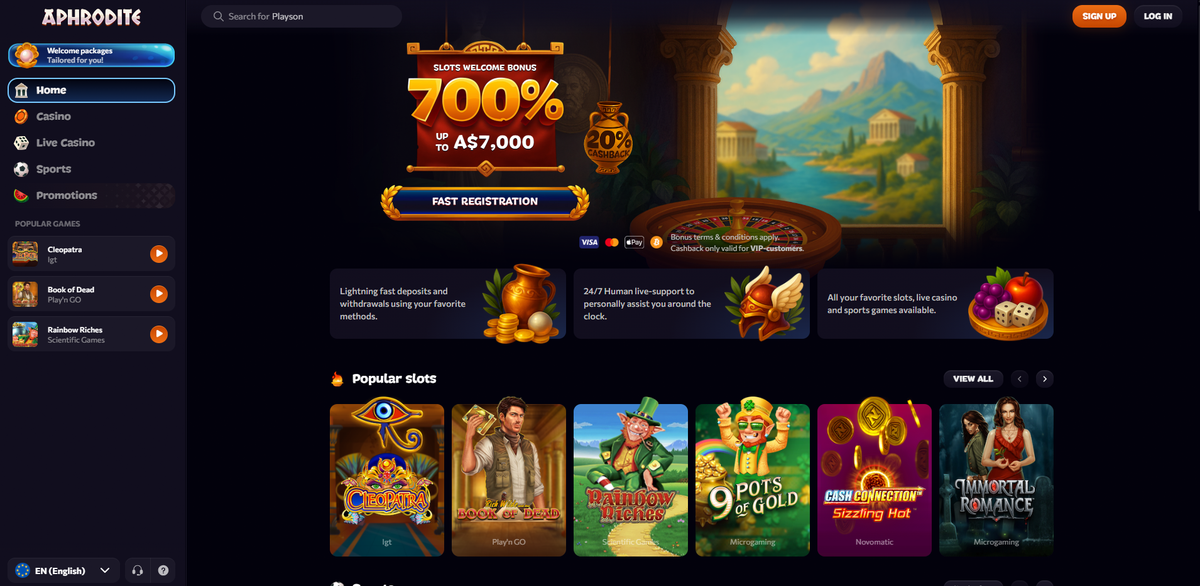 Aphrodite Casino homepage screenshot