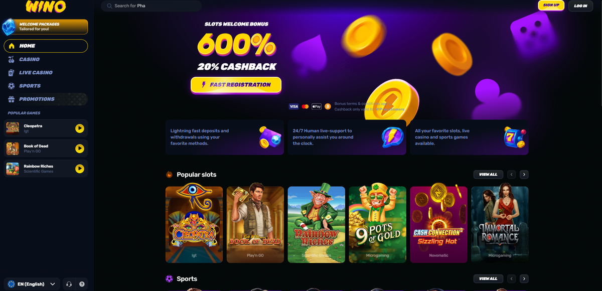 Wino Casino homepage screenshot